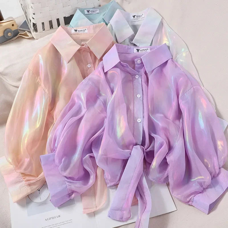 Women Shining Sparkles Tied Waist Sexy Chiffon Blouses Shirts For Women