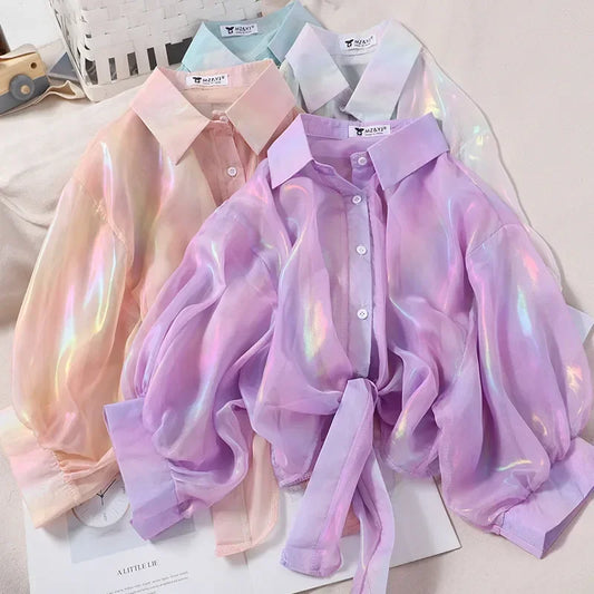 Women Shining Sparkles Tied Waist Sexy Chiffon Blouses Shirts For Women