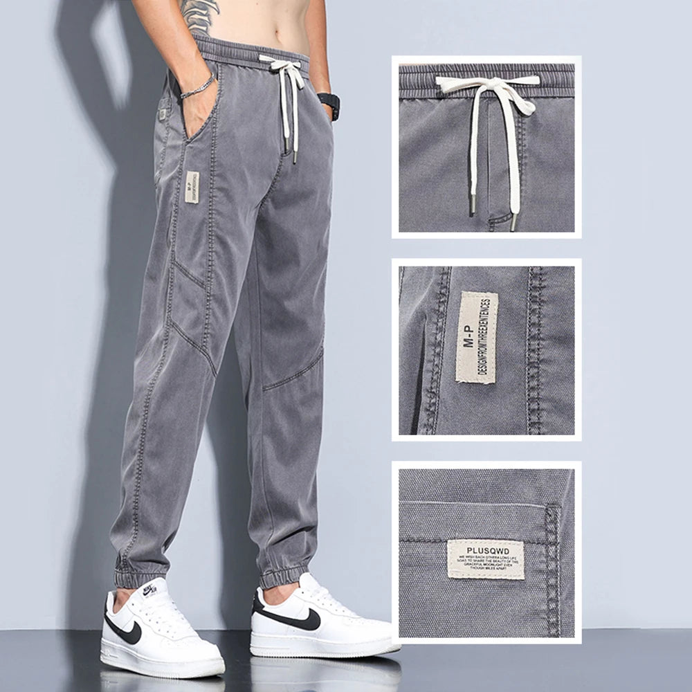 Jeans Men Soft Thin Straight Denim Drawstring Elastic Waist Casual Jogger Pants Plus Size