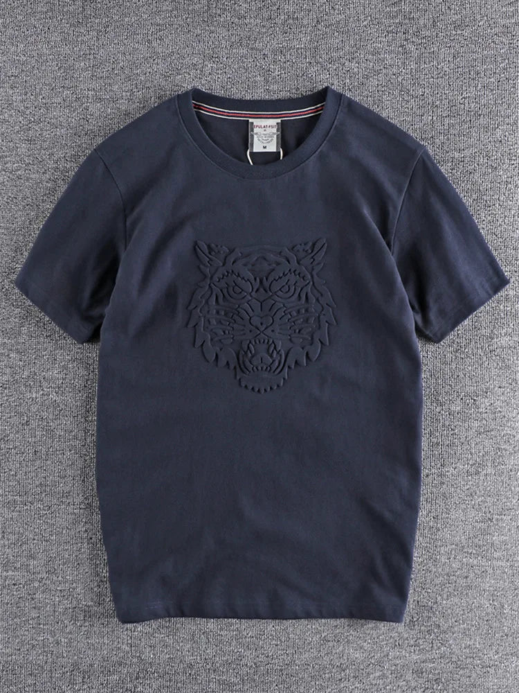 Summer New American Retro Embossed Tiger Pattern T-shirt Men's Fashion 100% Cotton Washed Old Short Sleeve O-neck Casual Tops