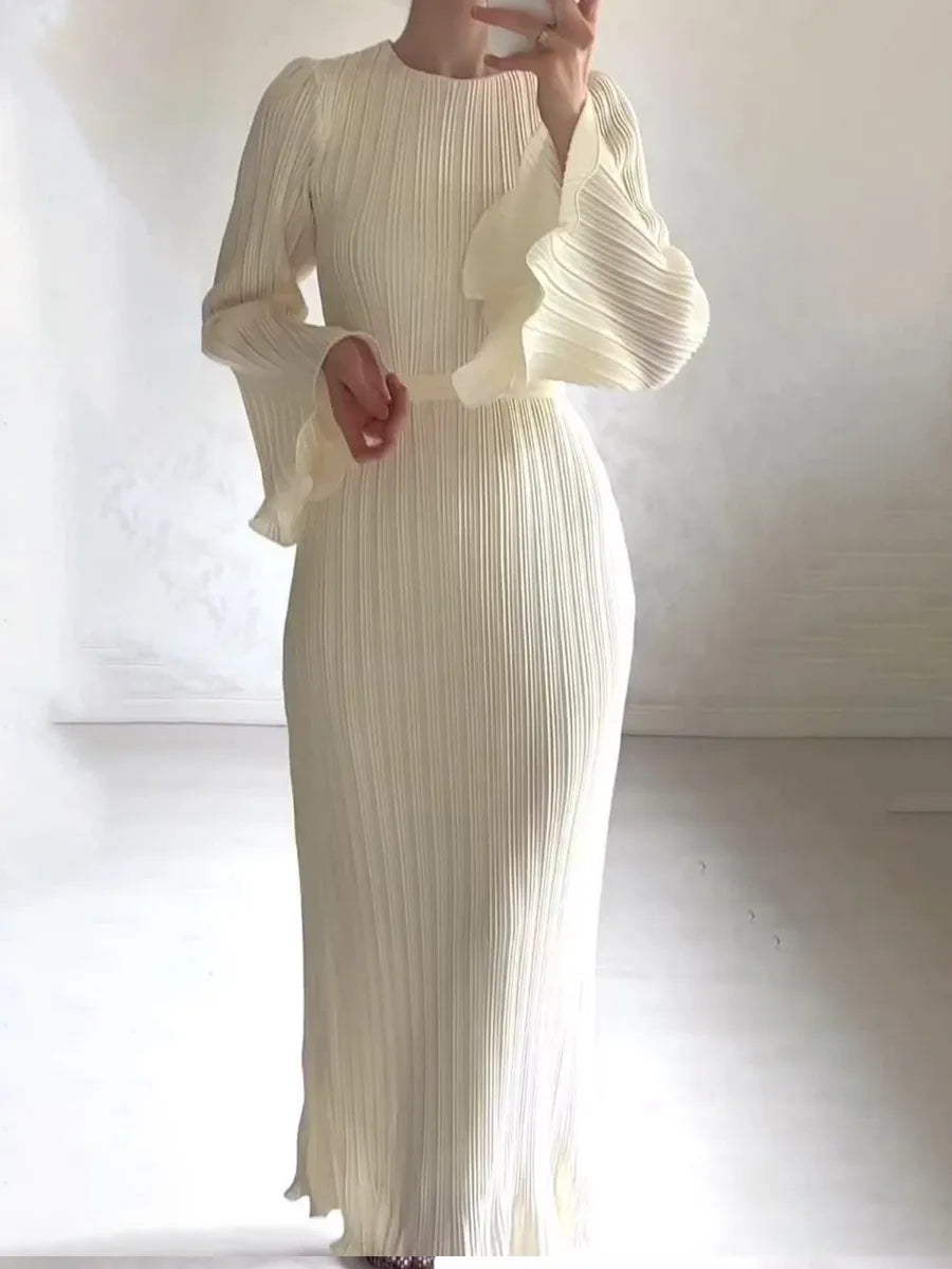 New Elegant Women's Pleated Maxi Dresses Fashion Belt Gathered Waist Solid Flare Sleeve O-neck Dress Females Party Dresses