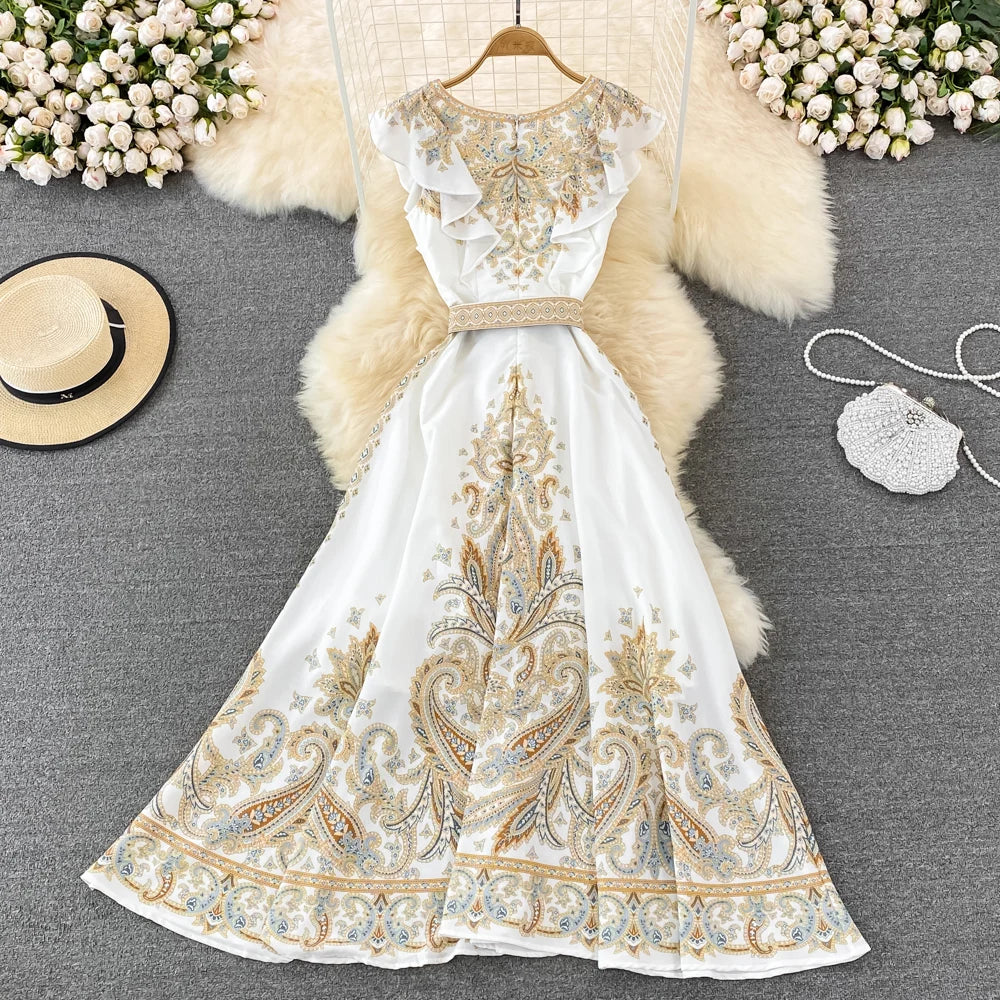 Vintage Women Midi Dress White Floral Printing Ruffles Flying Sleeve Boho Female Elegant Party Evening Vestido Diseñador Lujo
