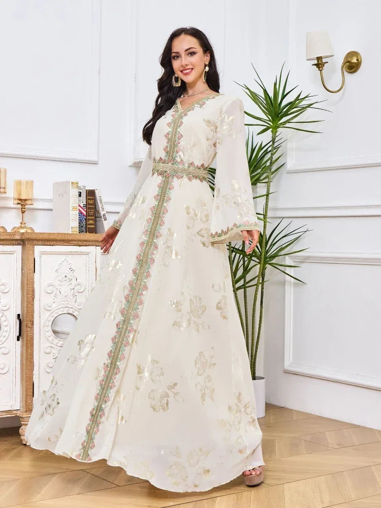 Moroccan Party Dress for Women Muslim Kaftan Belted Embroidery Abaya Ramadan Jalabiya Eid Wedding Evening Dresses Abayas Caftan