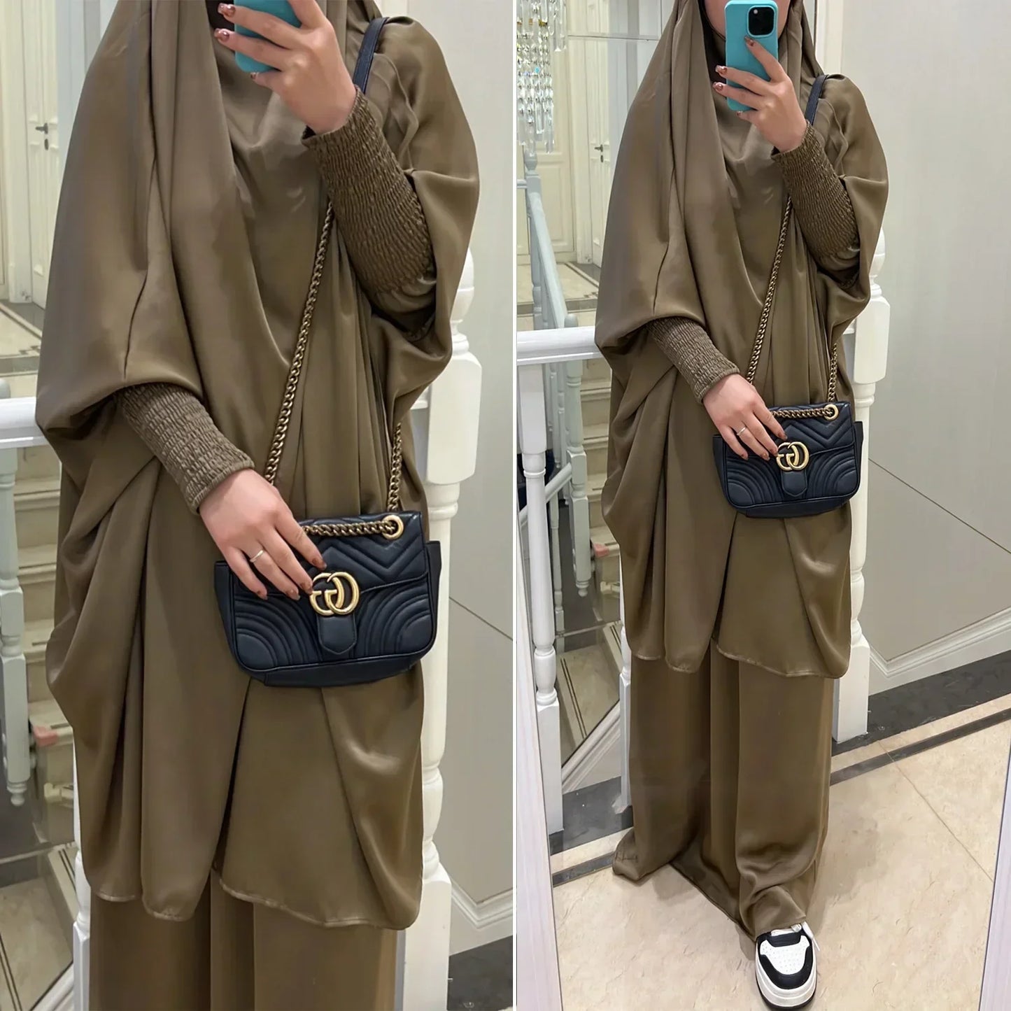 Ramadan Eid Jilbab 2 Piece Set Muslim Women Prayer Garment Abaya Dress Long Khimar Robe Niqab Islam Clothes Djellaba Burka