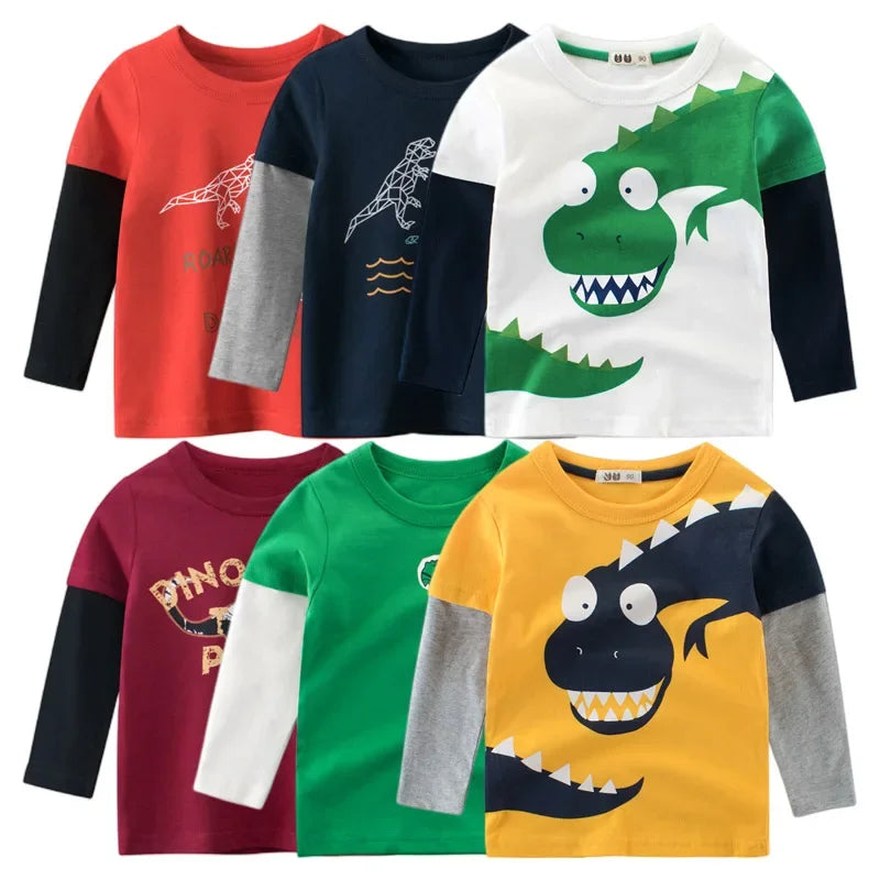 Children's Clothing Autumn New Boys' T-shirt Wholesale Cartoon Dinosaur Kids Tops Tees Long Sleeve Bottoming Shirt for Boy kids  boys toddlers