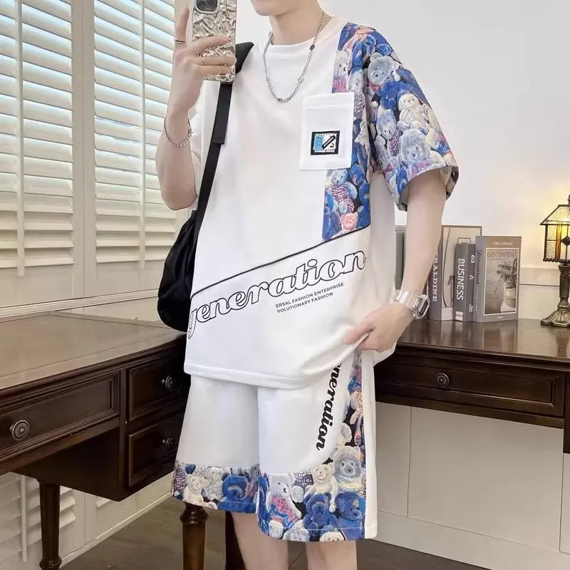 Summer Men's Suit Japan High Street Harajuku Top Shorts Two Piece Set Cool Bear Tee Short Pants Men's Clothing Sports Suit