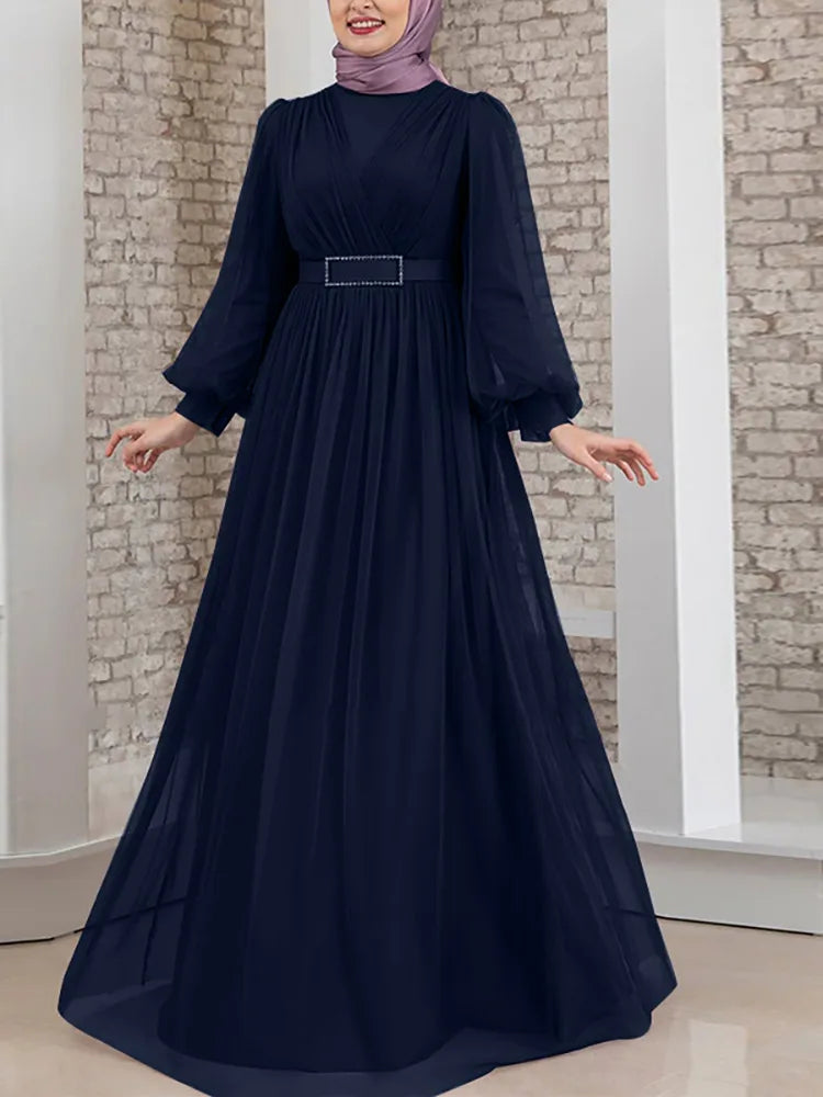 Kaftan Abaya Women Dress Puff Sleeve Solid Maxi Vestido Casual Loose Holiday Simple Long Robe