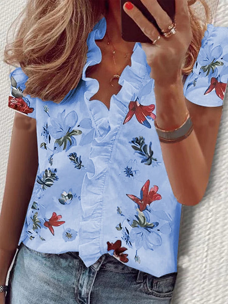 Casual Short Sleeve V Neck Ruffles Blouses Elegant Shirts Summer Vintage  Loose Tops Female Boho Tunic