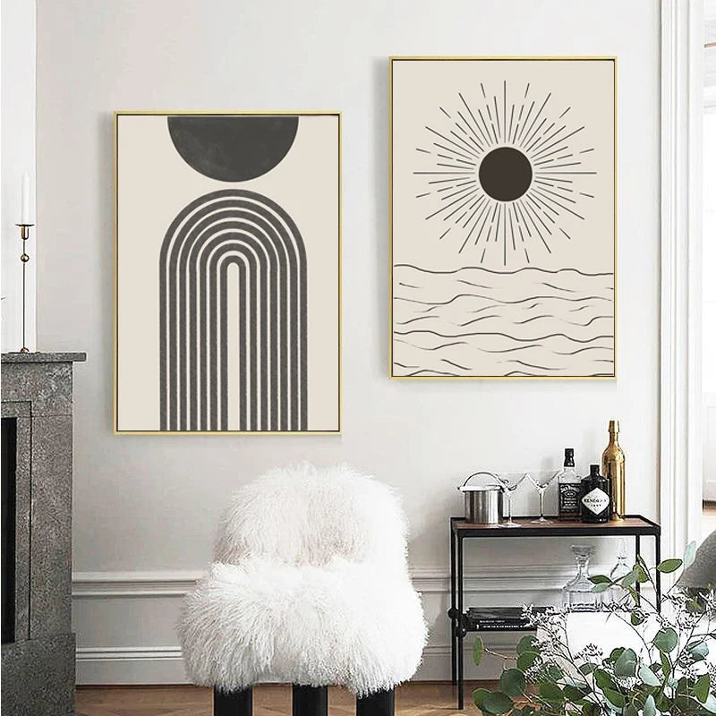 Sun Circle Minimalist Line Print Wall Art Poster Abstract Black White Canvas Decorative Picture Nordic Paintings for Living Room