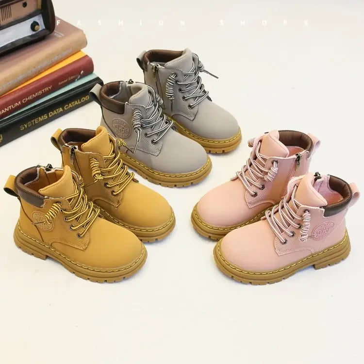 Children Boots Comfortable Khaki Boys Wear-resisting Grey Boots Shoes Girl Student 5 8, 6 Low Tube Zippers 12 Years Old