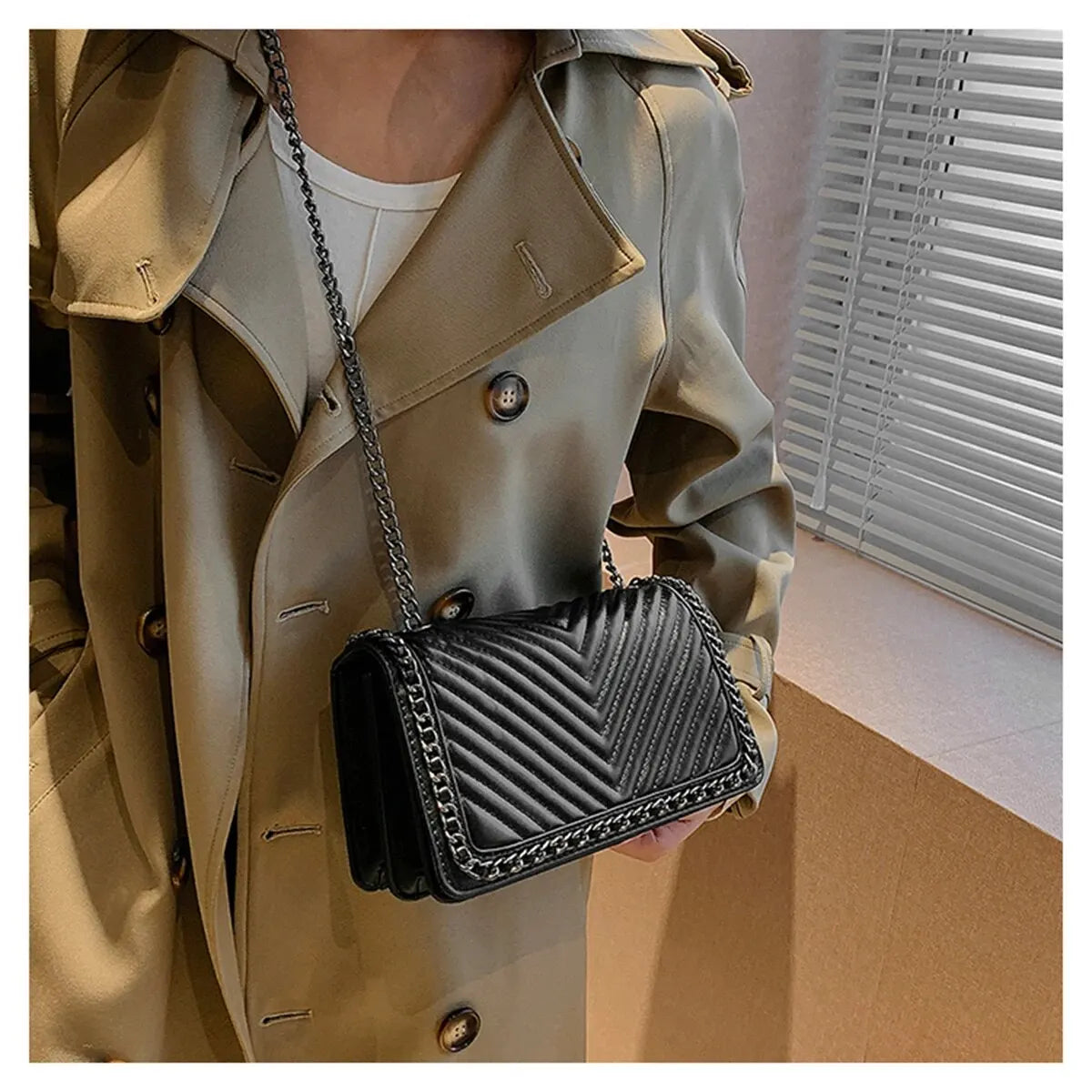 Simple Small Square Bag With Chain Decoration V Embroidery Thread Single Shoulder Crossbody Bag