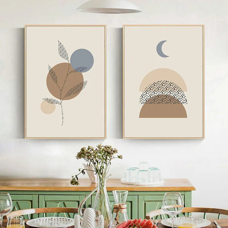 Geometric Leaves Moon Beige Boho Canvas Painting Print Abstract Wall Decorative Posters for Living Room Home Decor Art Picture