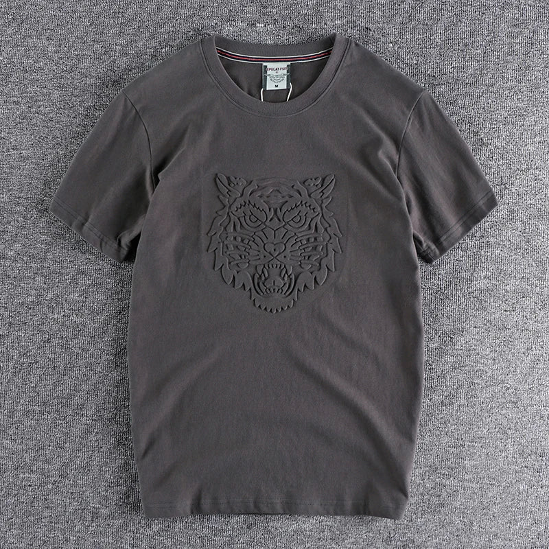 Summer New American Retro Embossed Tiger Pattern T-shirt Men's Fashion 100% Cotton Washed Old Short Sleeve O-neck Casual Tops
