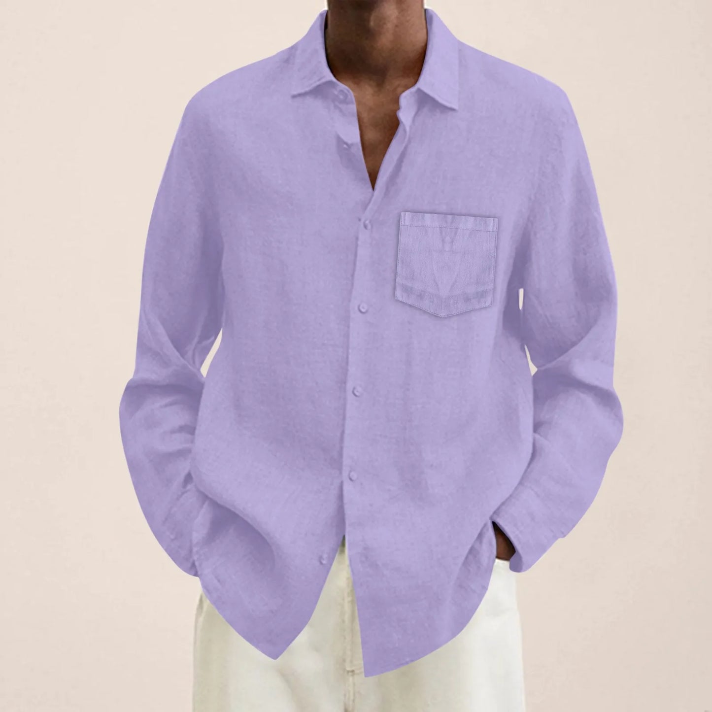 Men's Casual Cotton Linen Shirt Turn Down Collar Solid Long Sleeve Loose Top Spring and Autumn Handsome Fashion Shirts
