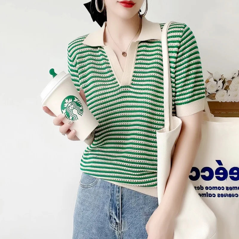 V-Neck Spliced Hollow Out Striped Knitted Blouse Women Clothing  Summer Casual Tops Korean Shirt
