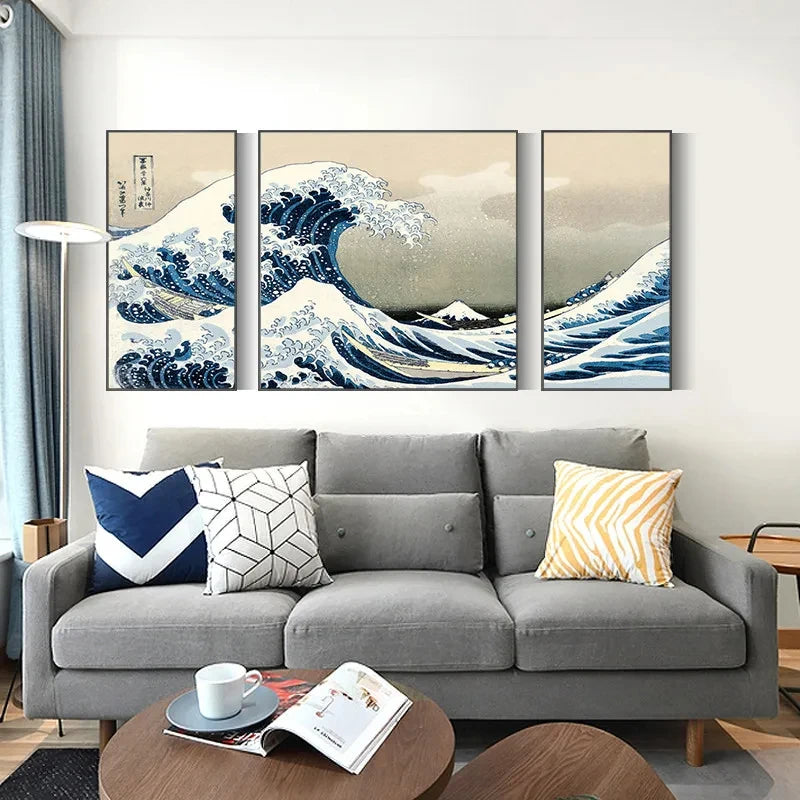 Japanese Wave Kanagawa 3 Panels Canvas Paintings Traditional Wall Art Posters and Prints Pictures For Living Room Home Decor
