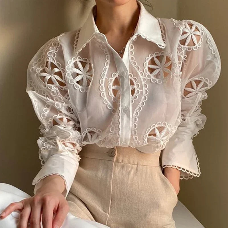Women's Long Sleeve Floral Embroidery Blouse, Vintage Tops, Loose Casual Blouses