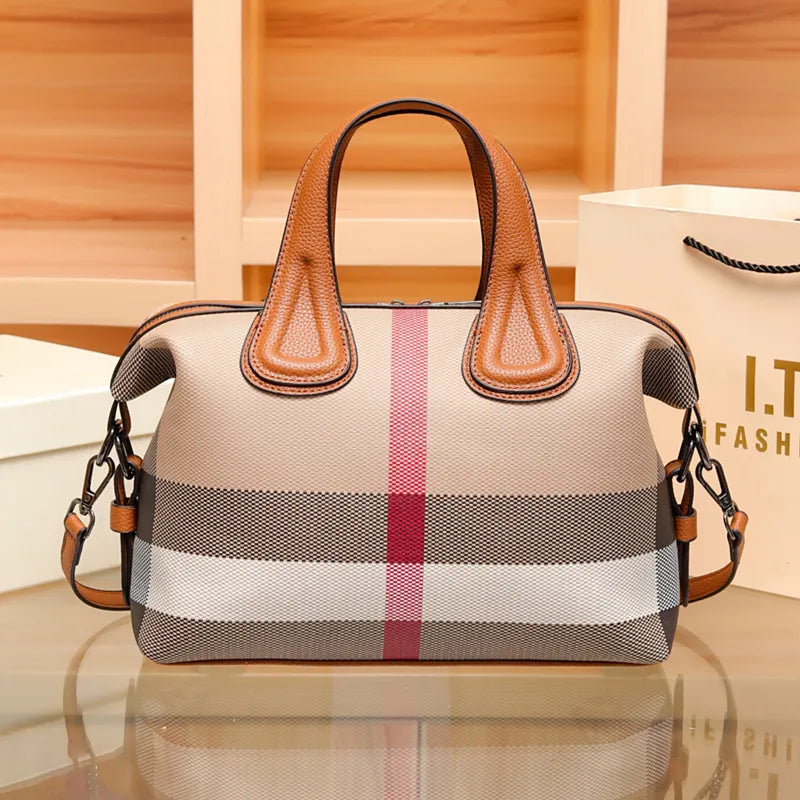 Boston Handbags Luxury Fashion Plaid Canvas Women Messenger Shoulder Bags Brand Designer Portable Crossbody Bag Purses