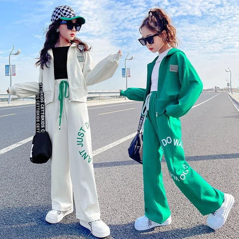 autumn winter Girls Teenager tracksuit sport narrow waist zipper Jacket hooded + letters pants child set 4 7 10 5 9 12 year