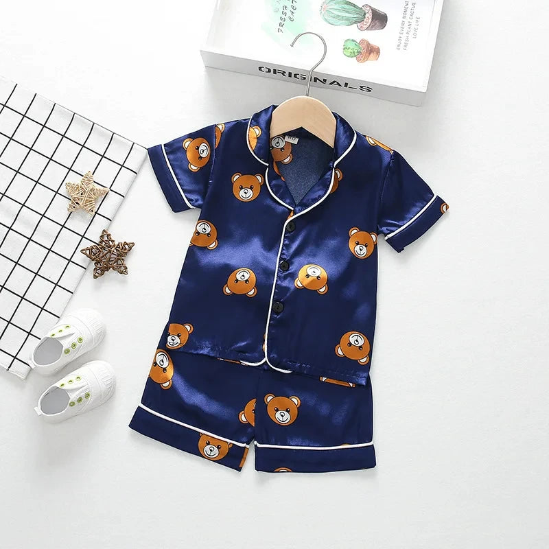 Kids Ice Silk Pajama Set Summer Baby Boys Silk Satin Cardigan Short Sleeve+Shorts 2Pcs Sets Children Casual Home Sleepwear
