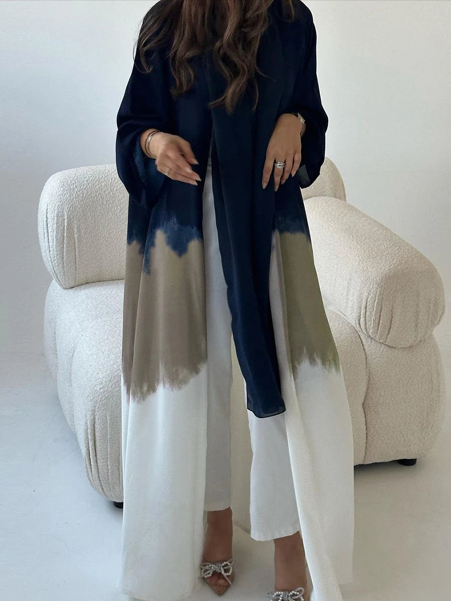 Muslim Fashion Tie Dyed Kimono Abaya for Women Summer Cloak Cardigan Robe Black White Grey Dubai Islamic Clothing