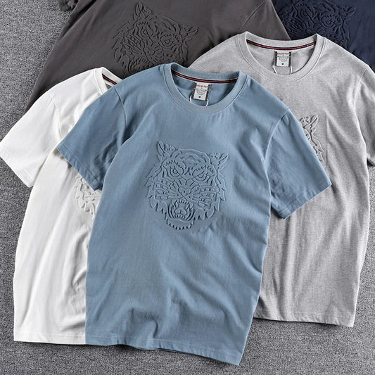 Summer New American Retro Embossed Tiger Pattern T-shirt Men's Fashion 100% Cotton Washed Old Short Sleeve O-neck Casual Tops