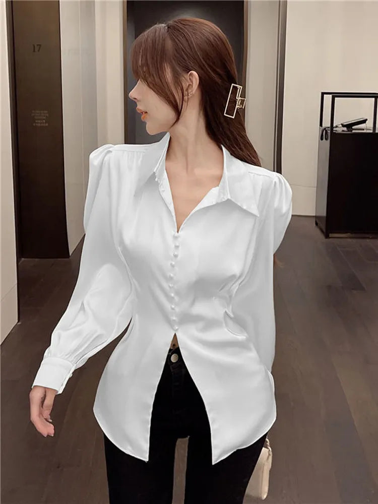 Women Back Bow Elegant Puff Sleeve Shirt Fashion Slim Casual Blouse Korean Hollow Out Turn Down Collar Tops