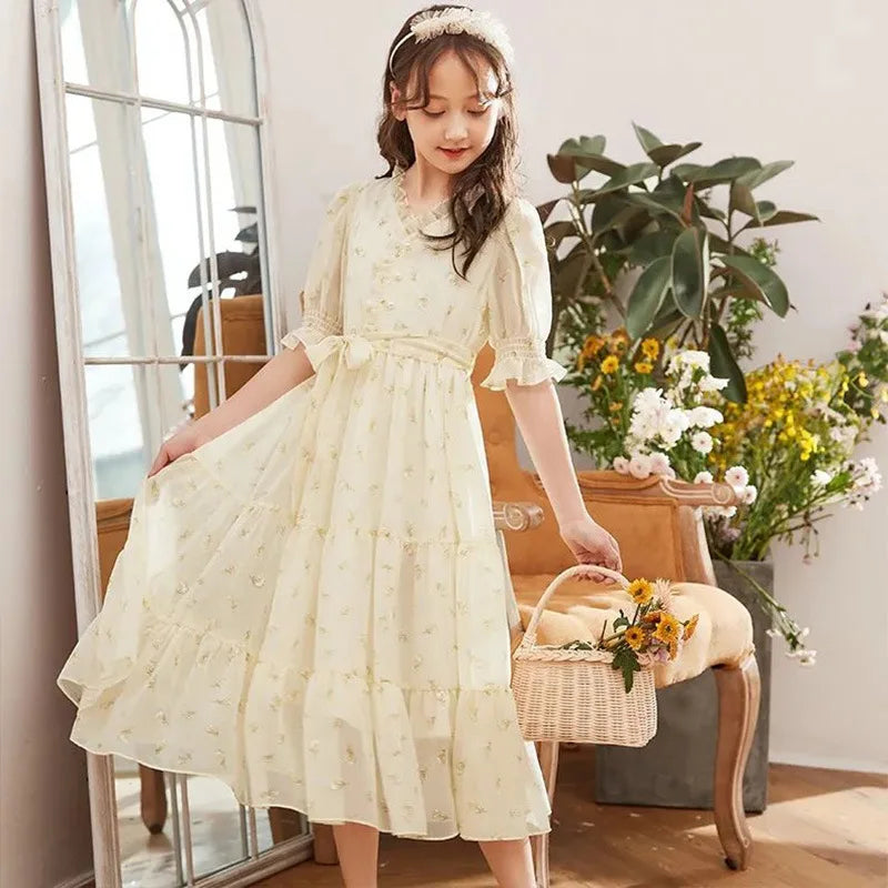 Girls Summer New Dress Youth Chiffon Waist Princess Skirt Children Pastoral Style Clothes