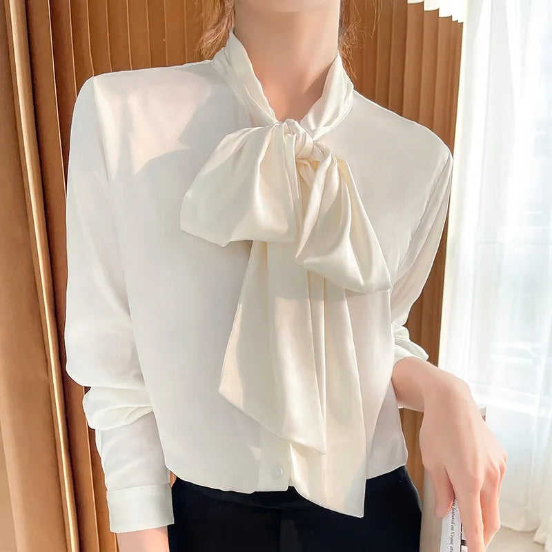 Ladies Fashion Long Sleeves Butterfly Bow Tie Blouse Solid Color Silk Satin Shirt Thin Casual Tops Women