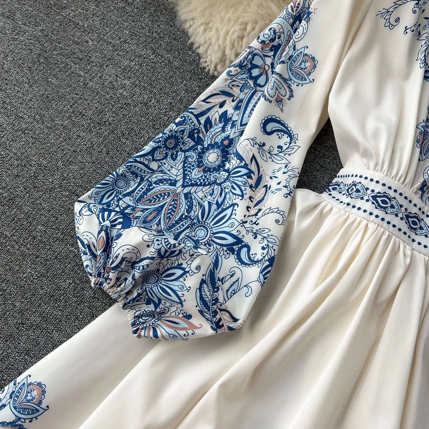 Autumn Vintage Floral Long Dress for Women Ruched Full Sleeve Luxury Cotton Female Vestidos Waist Lace Up Runway Maxi Traf New