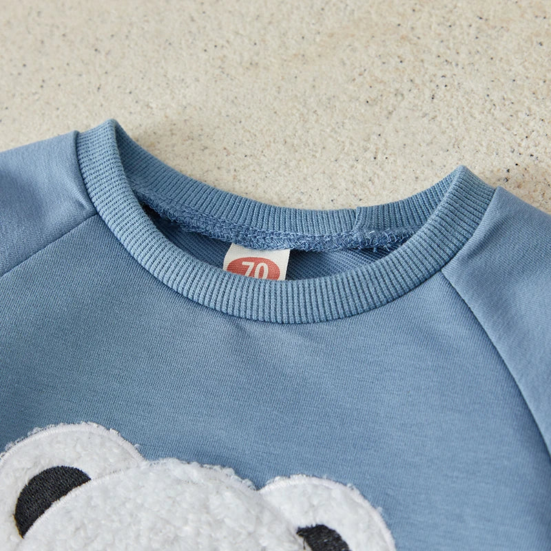 Toddler Boys Autumn 2Pcs Pants Set Long Sleeve Bear Embroidery Pullover Tops and Drawstring Pants Sets   0-3Years