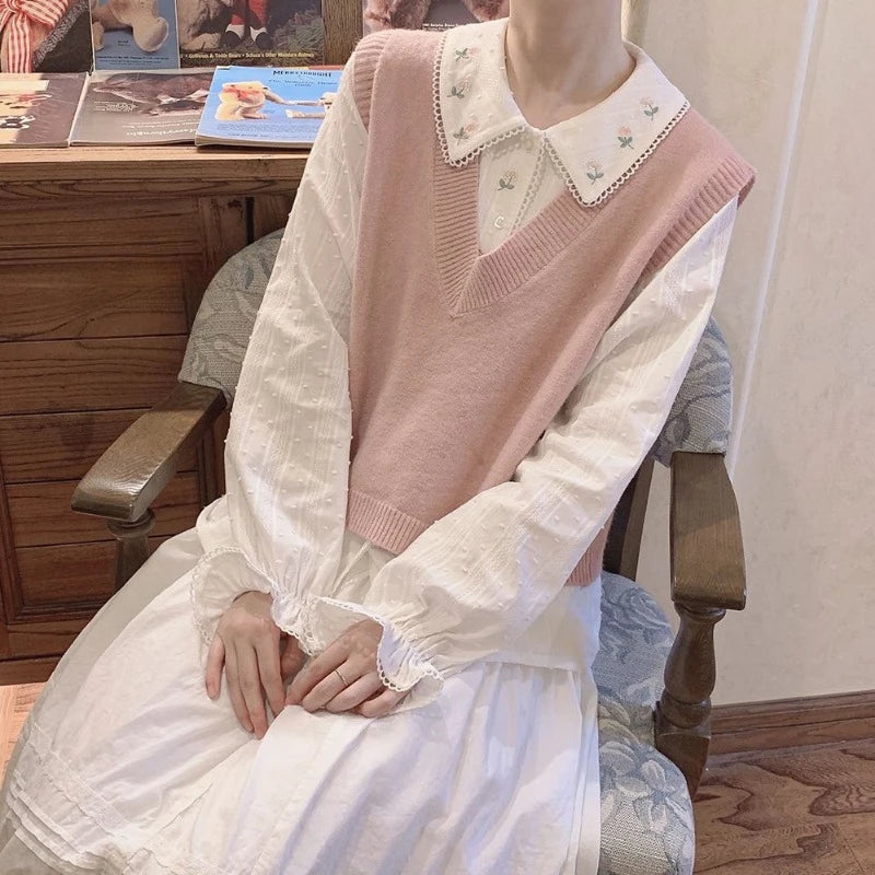 Long Sleeve Shirts Women Vintage Sweet Floral Embroidery Loose Peter Pan Collar All-match Gentle Design Lovely Preppy Female Ins