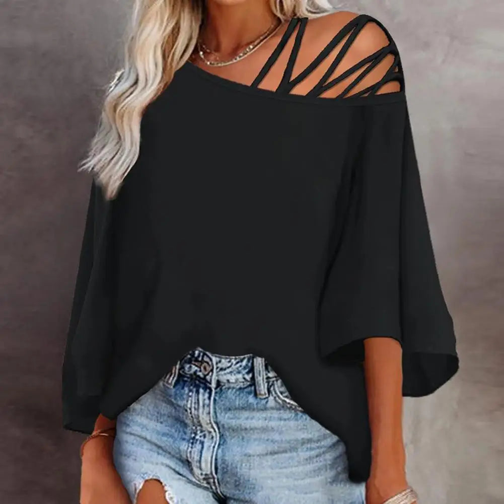 Soft Women Blouse Soft Breathable Women's T-shirt Hollow Out One Shoulder Oblique Neck Solid Color Letter Print Loose Fit Three