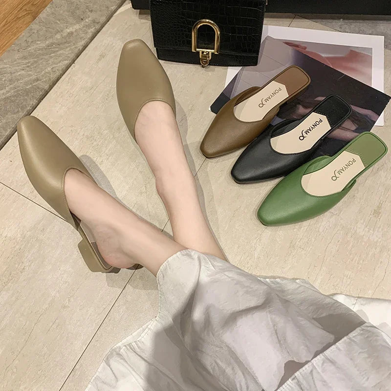 Women's Summer Mules Elegant Soft Leather Ladies Closed Toe Non-Slip Comfortable Flat-bottomed Low-heeled Sandals and Slippers