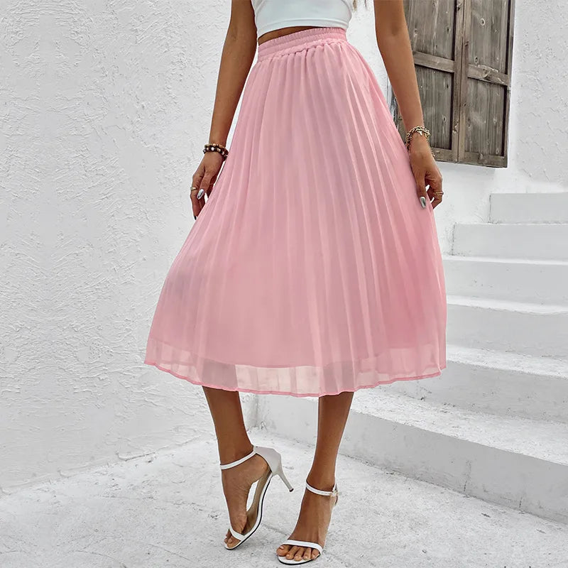 Women's Casual Chiffon Elastic Waist A-Line Pleated Midi Skirt Swing Skirt
