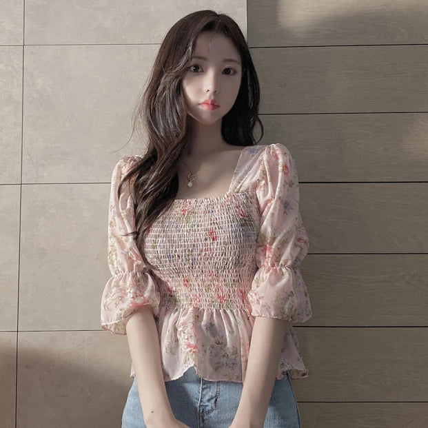 Chiffon Floral Western Style Small Shirt Women Summer Super Fairy Square Collar Top Waist Hugging Short Half Sleeve