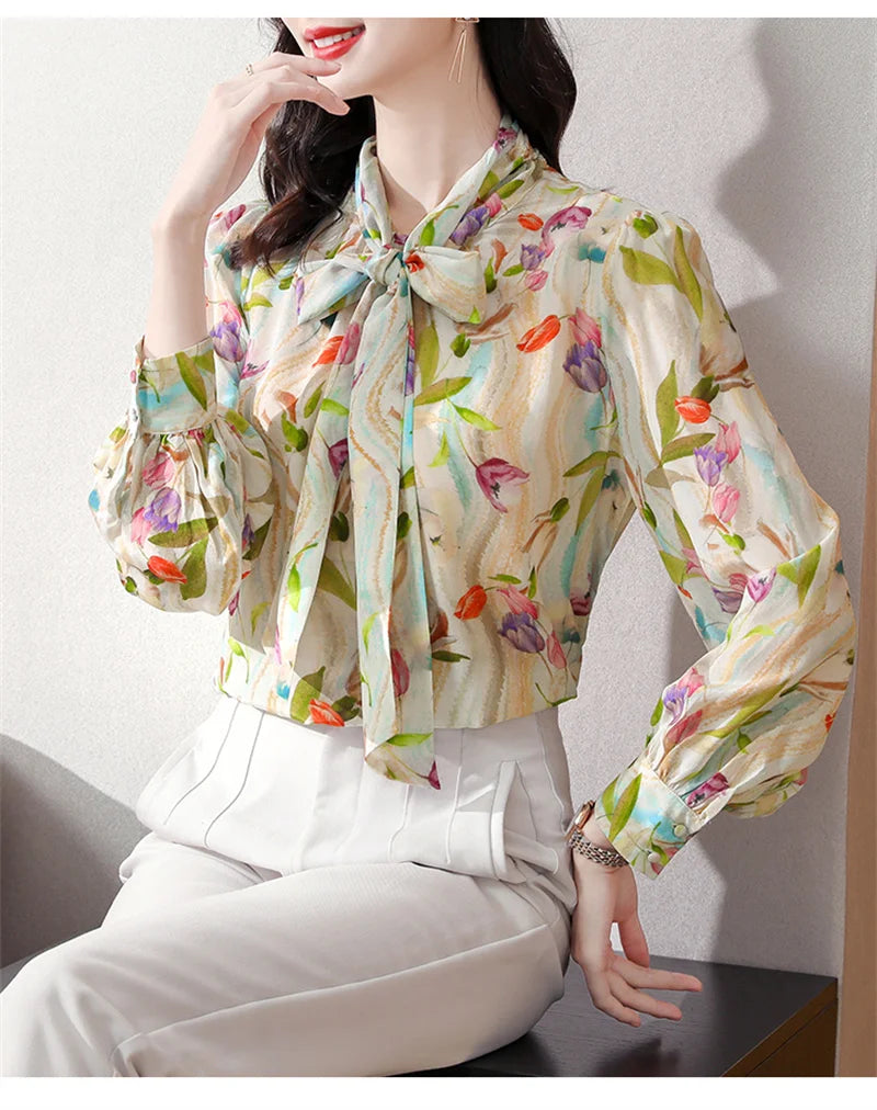 Women Autumn Casual Chiffon Tops Blouse Bow Neck Shirt Long Sleeve Fashion Blouses Clothes Blouses Major