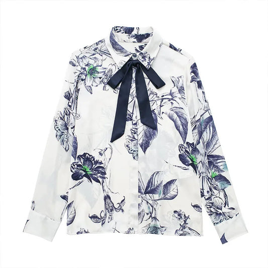Casual Bow Printed Shirt Lapel Women's Slim Long Sleeve Short Blouse Single Breasted Blouse