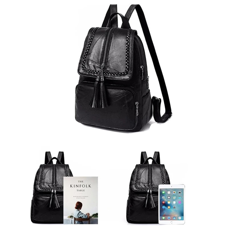 Women's PU Leather Backpack School Bag Classic Black Waterproof Travel multi-function Shoulder Bag