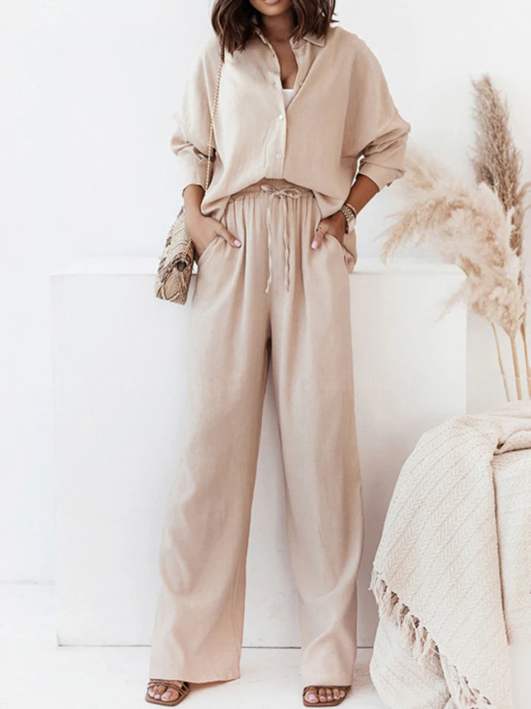 Spring Autumn Solid White Women Trouser Suit Set Casual Long Sleeve Two Pieces Suit Wide Pants Outfits Tracks