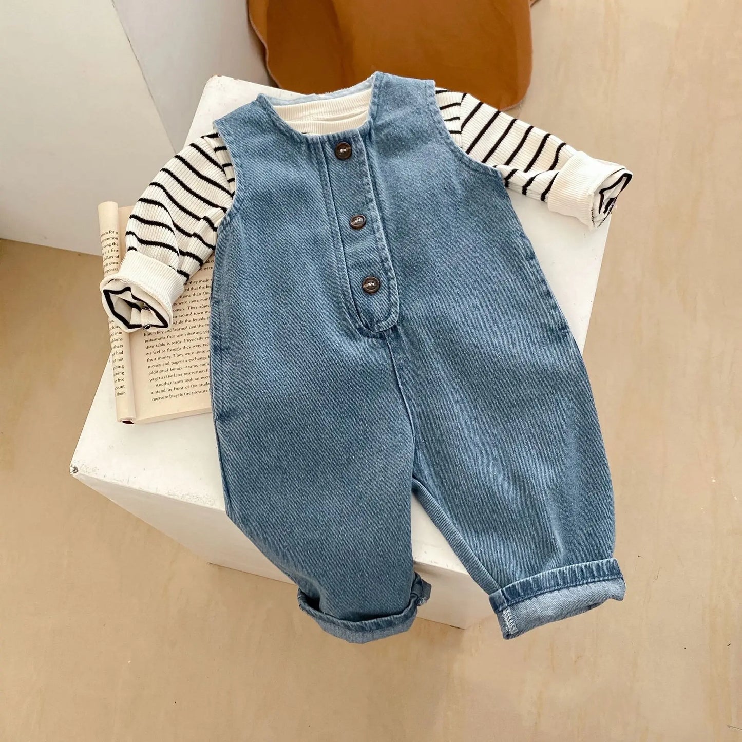 Spring New Baby Denim Romper Set Infant Boy Girl Sleeveless Jumpsuit + Striped Tops 2pcs Suit Toddler Overalls Outfits