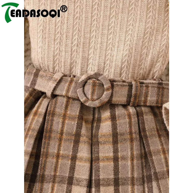 2-7Years Baby Girls Spring Autumn Ruffle Long Sleeve Solid Tops+Plaid Pleated Skirt+Belt+Beret Four-piece Suit Kids Clothes Suit kids girls  toddlers
