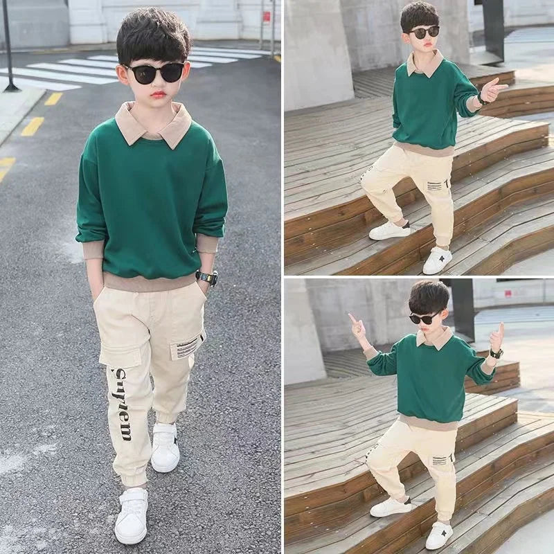 Spring Autumn Tracksuit Suit Child Baby Boy Clothing Polo T-shirt + Pants 2Pcs for Kids Children Sets 4 6 8 10 12 Year