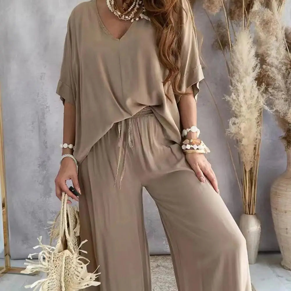 Batwing Sleeve Top Wide Leg Pants Set Stylish Women's Summer V-neck Batwing Tops