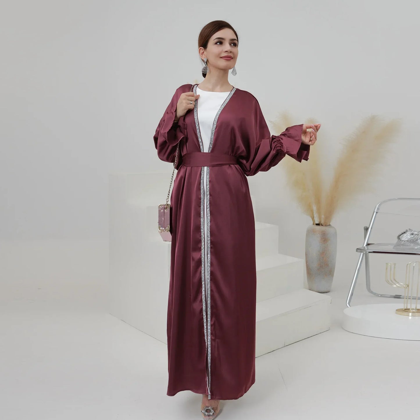 Satin Abaya Kimono Plain Flare Sleeve Beads Abayas for Women Dubai Luxury Turkey Muslim Dress Islamic Clothing Kaftan