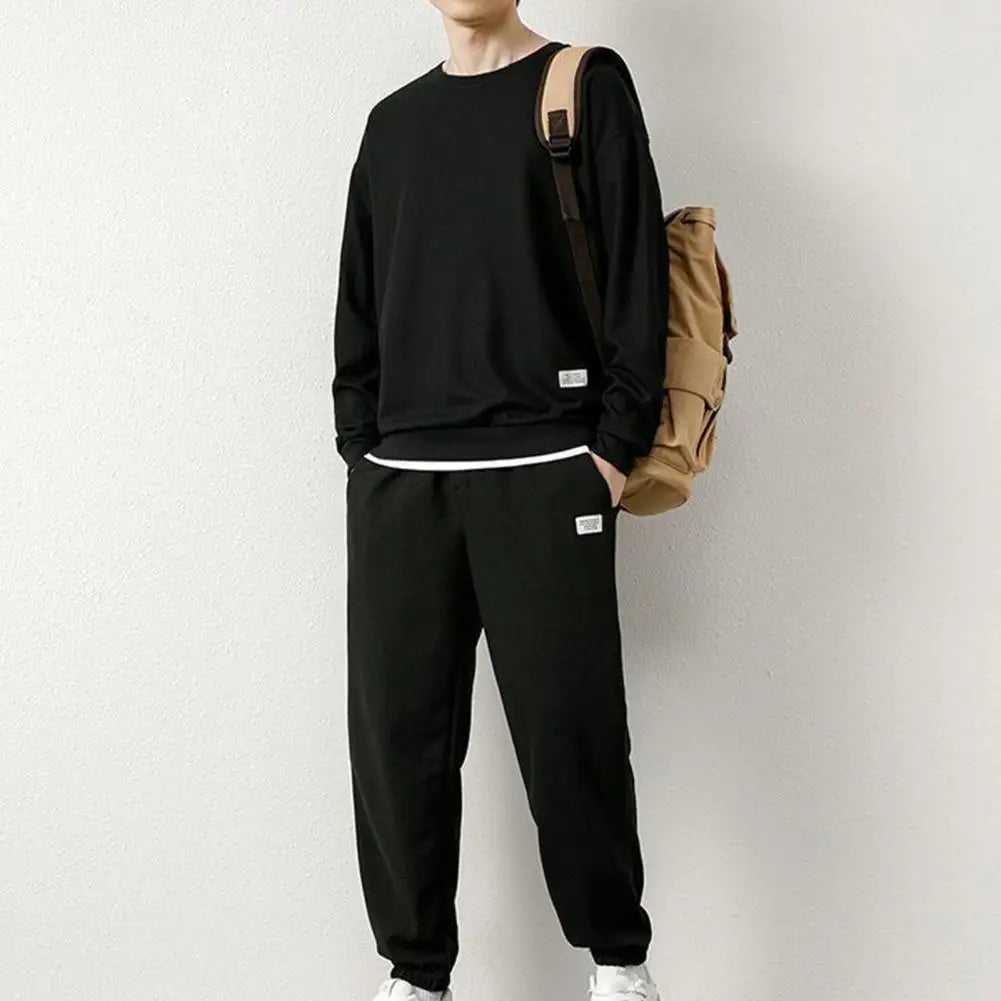 Men Top Trousers Set Men's Casual Waffle Texture Sweatshirt Suit with Elastic Waist Jogger Pants Set for Autumn Winter Youth