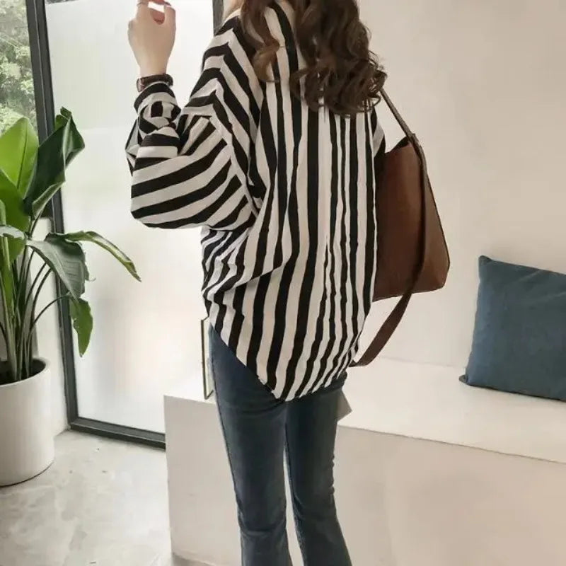 Korean Oversized Women Clothing Striped Shirt Spring Autumn New Fashion Youth Chic Pretty Loose Long Sleeve Basic Casual Blouse