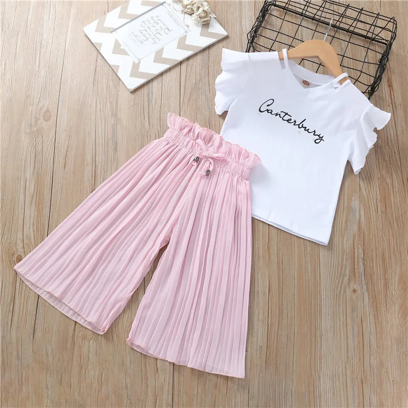 Summer  Girls Clothing Sets Kids T-shirt +Wide Leg Pants Suits Children Short Sleeve Baby Girl Clothes 5 6 7 8 9 10 12 Years