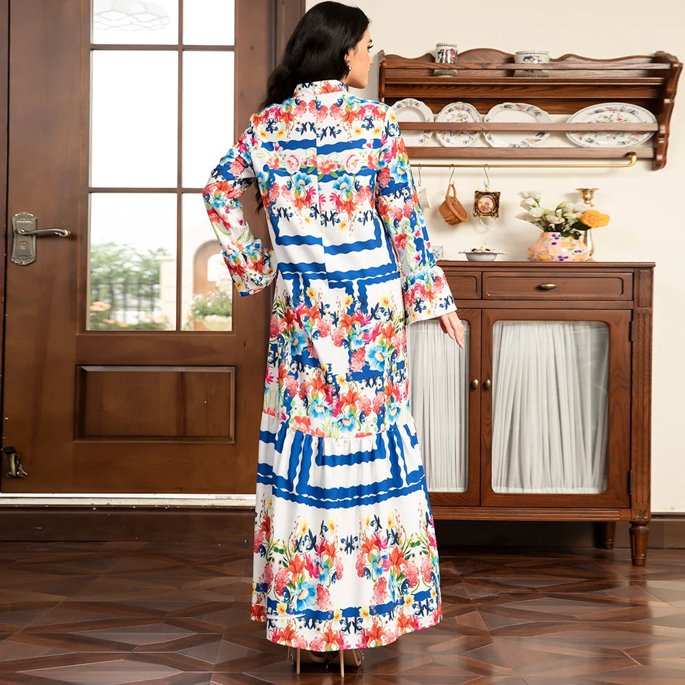 Flared abaya Sweet Long Dresses for Women V-neck, Color contrast Splicing  Sleeve Female A-line Skirt Kaftan