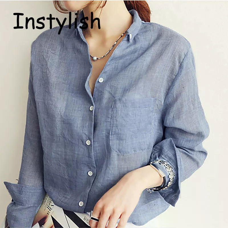 Women  Korean Solid Cotton and Linen Blouse Vintage Solid Thin Loose Shirt  Casual Long Sleeve Korean Tops